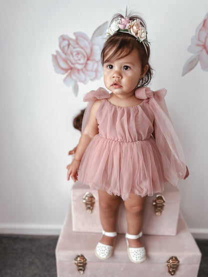English Rose Dusty Rose Pink Baby Girl Tulle Romper