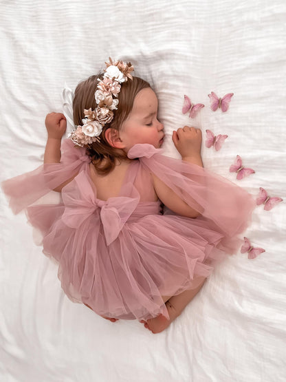 English Rose Dusty Rose Pink Baby Girl Tulle Romper
