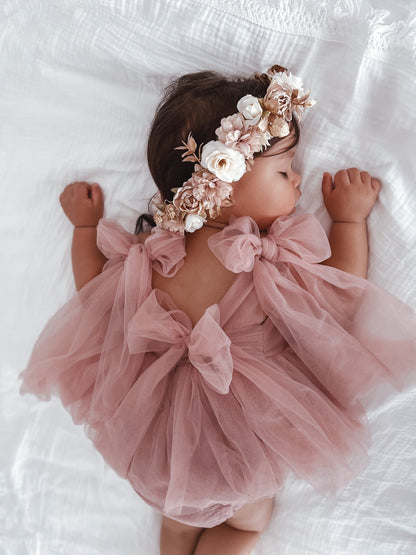 English Rose Dusty Rose Pink Baby Girl Tulle Romper