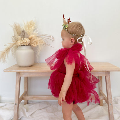 English Rose Romper Ruby Red Sparkle Baby Girl Romper