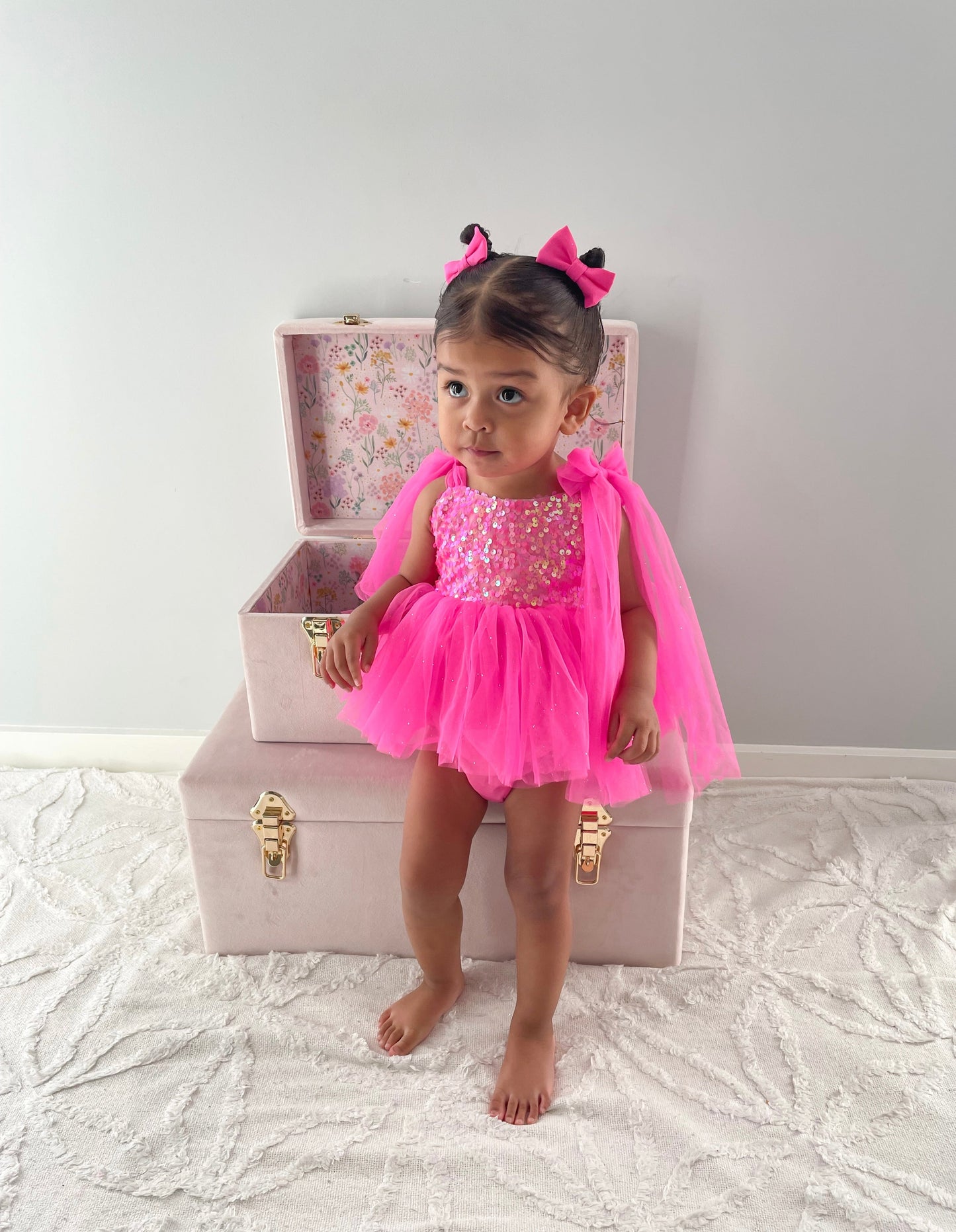 Theodora Fuchsia Pink Sequin Baby Girl Tulle Party Romper