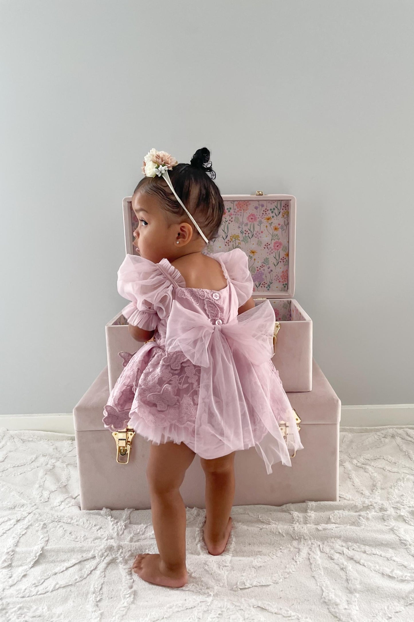 Butterfly Kisses Dusty Rose Pink Embroidered Baby Girl Party Romper