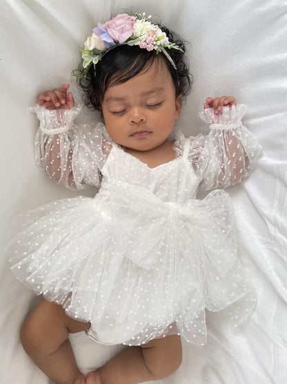 Swiss Dot Bloom White Baby Girl Tulle Romper