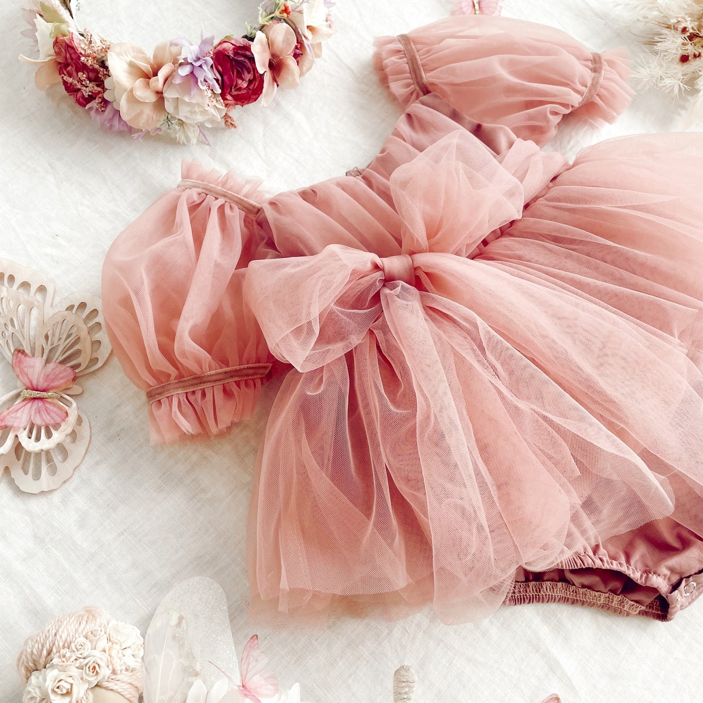 Dusty Rose Flower Fairy Baby Girl Pink Tulle Romper