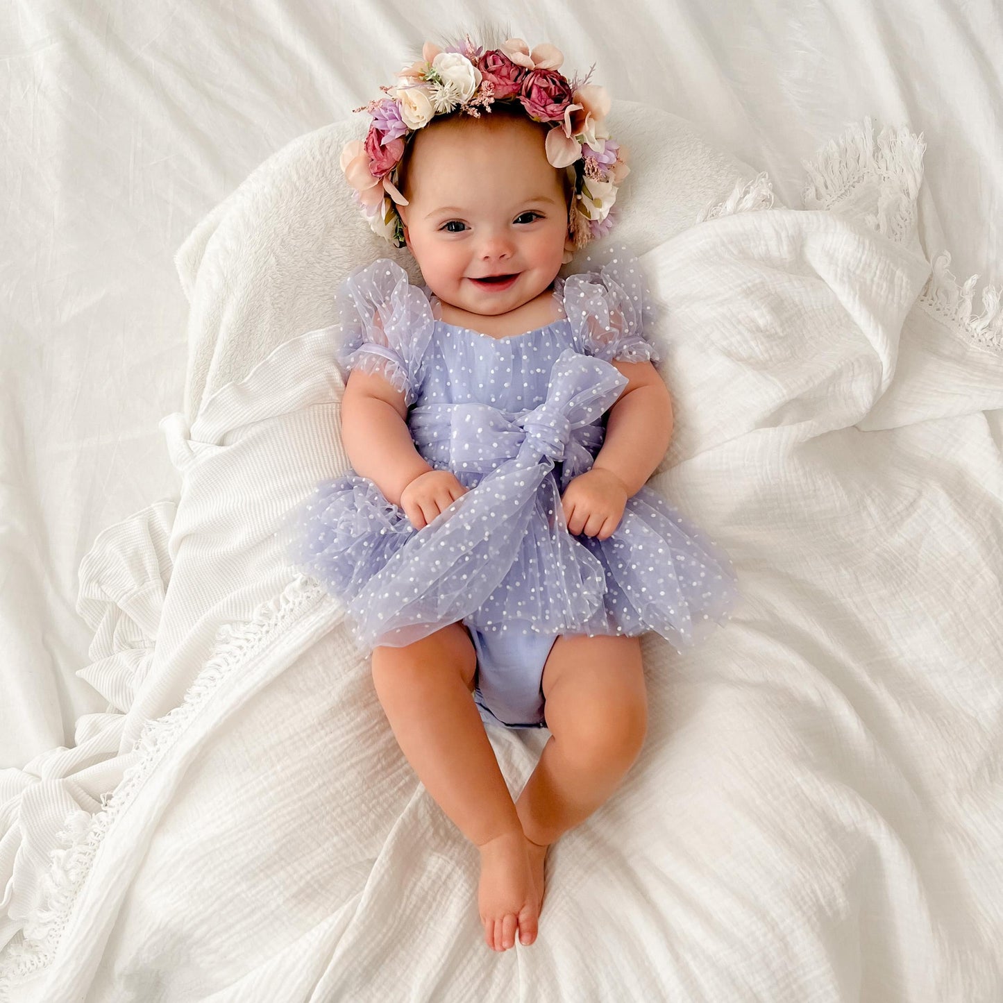 Swiss Dot Periwinkle Flower Fairy Baby Girl Tulle Party Romper