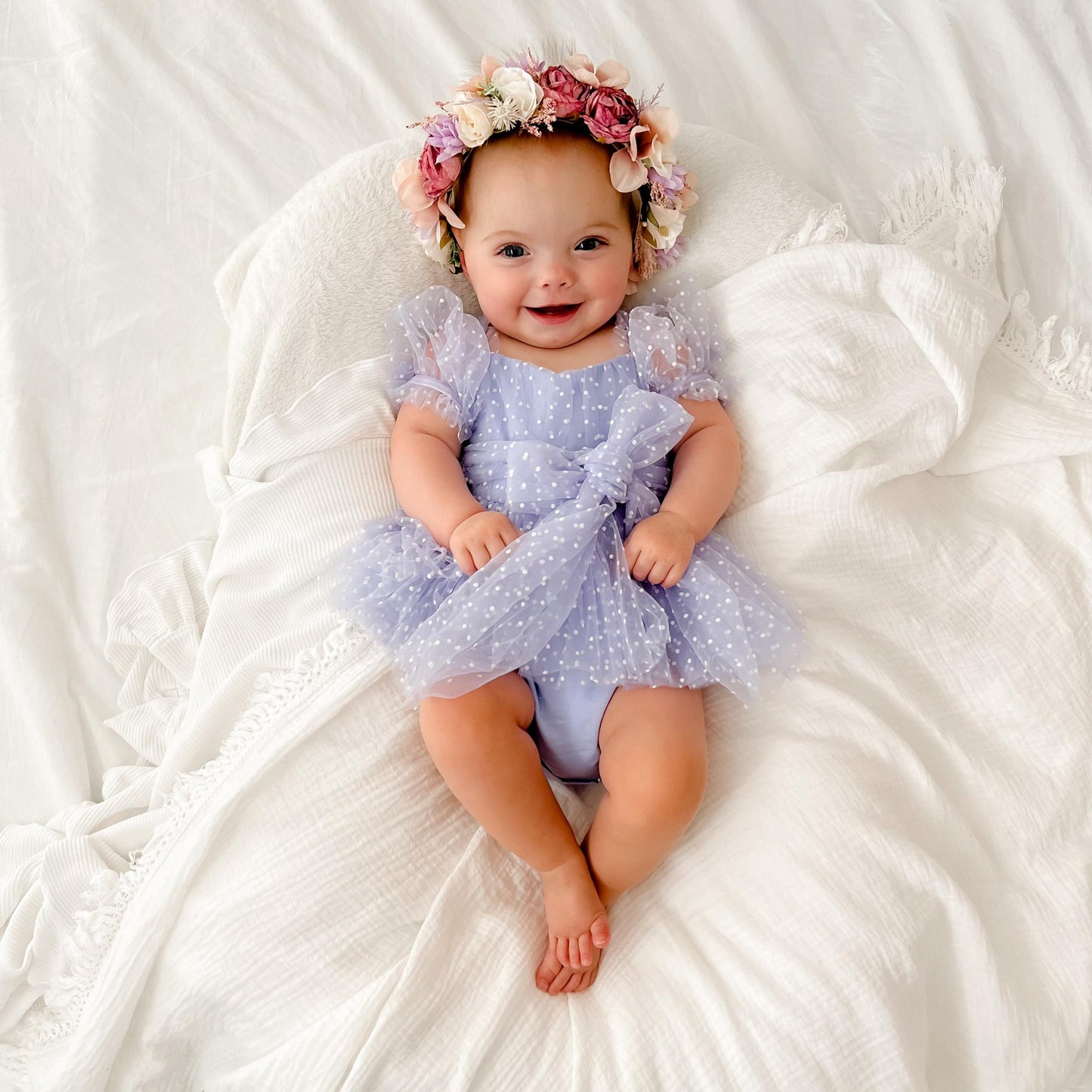 Swiss Dot Periwinkle Flower Fairy Baby Girl Tulle Party Romper
