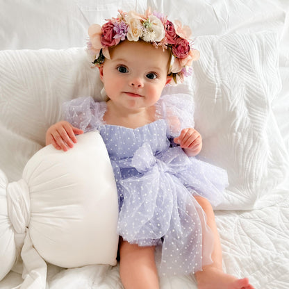 Swiss Dot Periwinkle Flower Fairy Baby Girl Tulle Party Romper