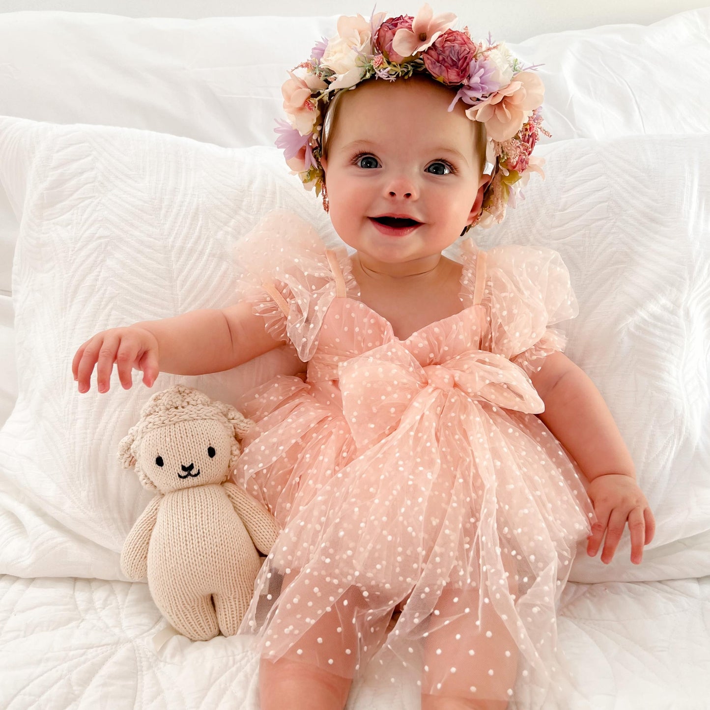 Swiss Dot Pink Rose Flower Fairy Baby Girl Tulle Party Romper