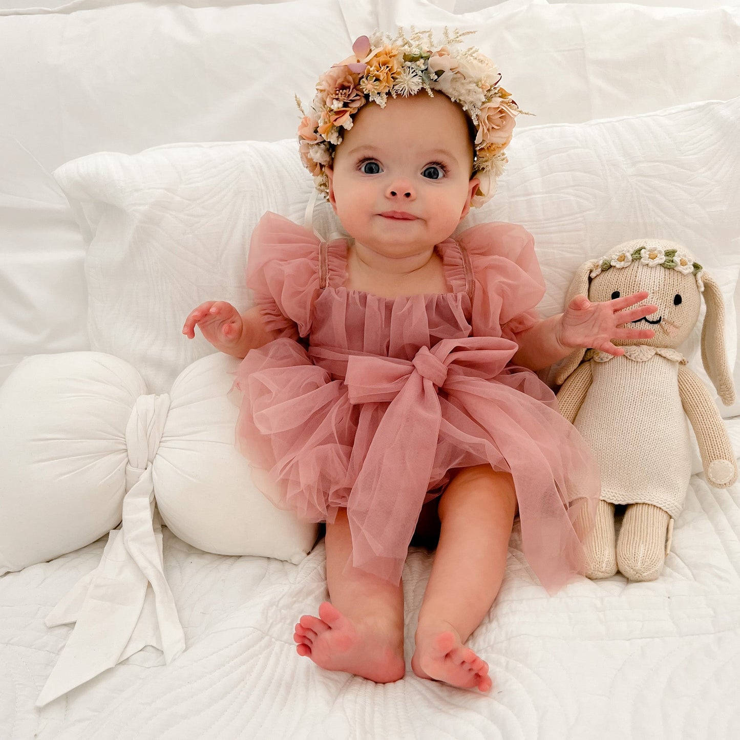 Dusty Rose Flower Fairy Baby Girl Pink Tulle Romper