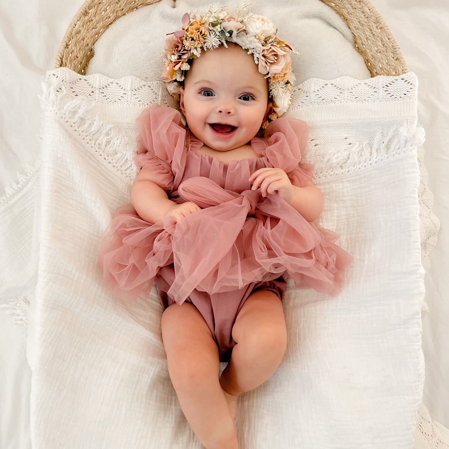 Dusty Rose Flower Fairy Baby Girl Pink Tulle Romper