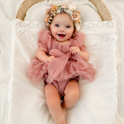 Dusty Rose Flower Fairy Baby Girl Pink Tulle Romper
