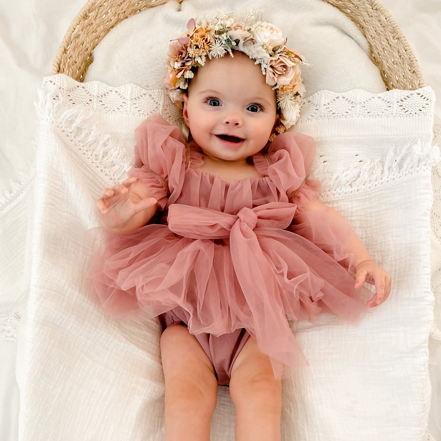Dusty Rose Flower Fairy Baby Girl Pink Tulle Romper