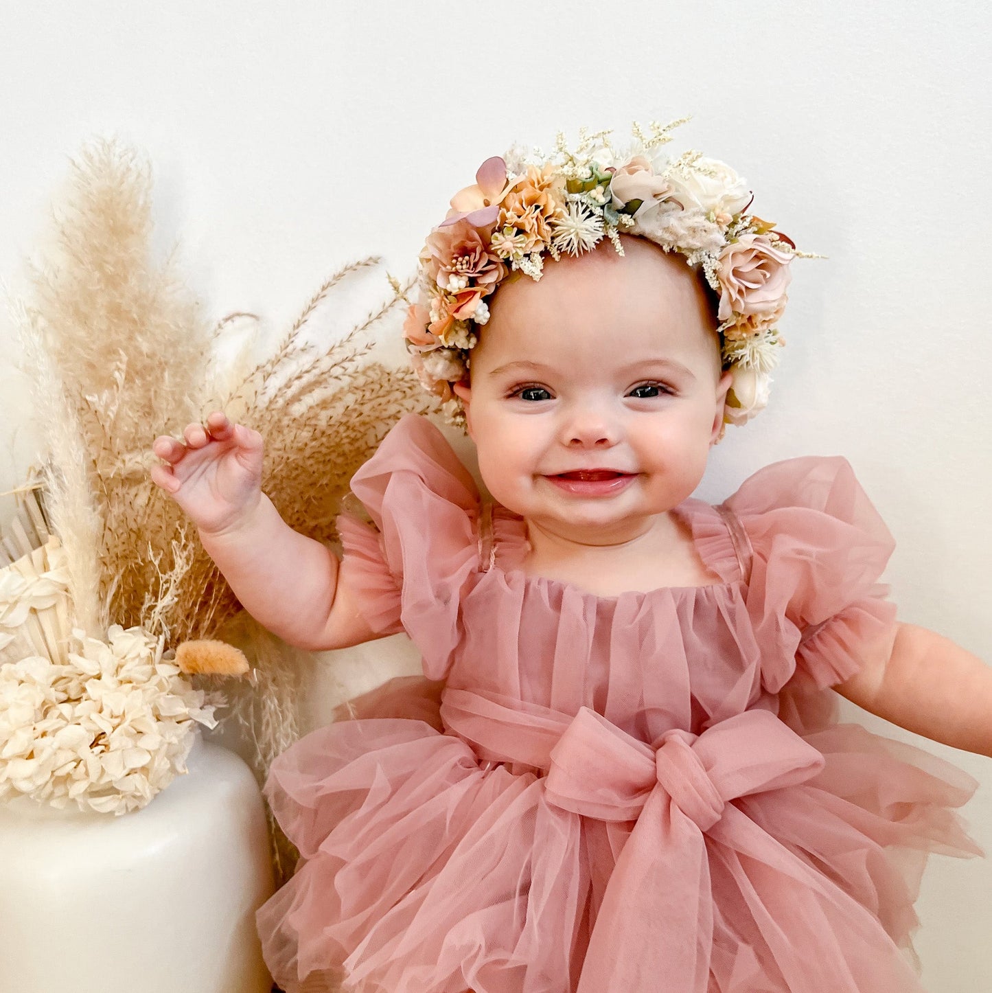 Dusty Rose Flower Fairy Baby Girl Pink Tulle Romper