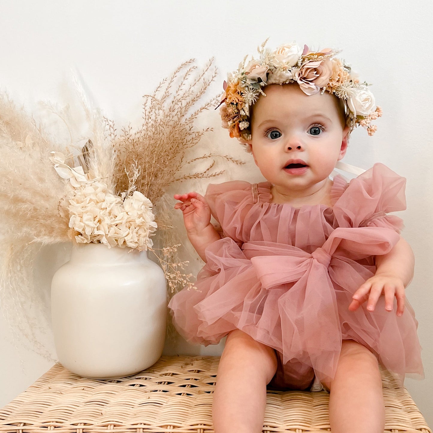 Dusty Rose Flower Fairy Baby Girl Pink Tulle Romper