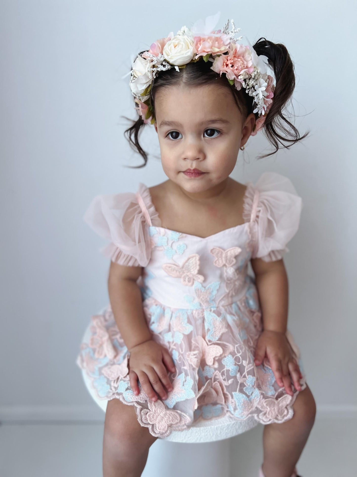 Butterfly Kisses Peach Rose Baby Girl Embroidered Tulle Party Romper