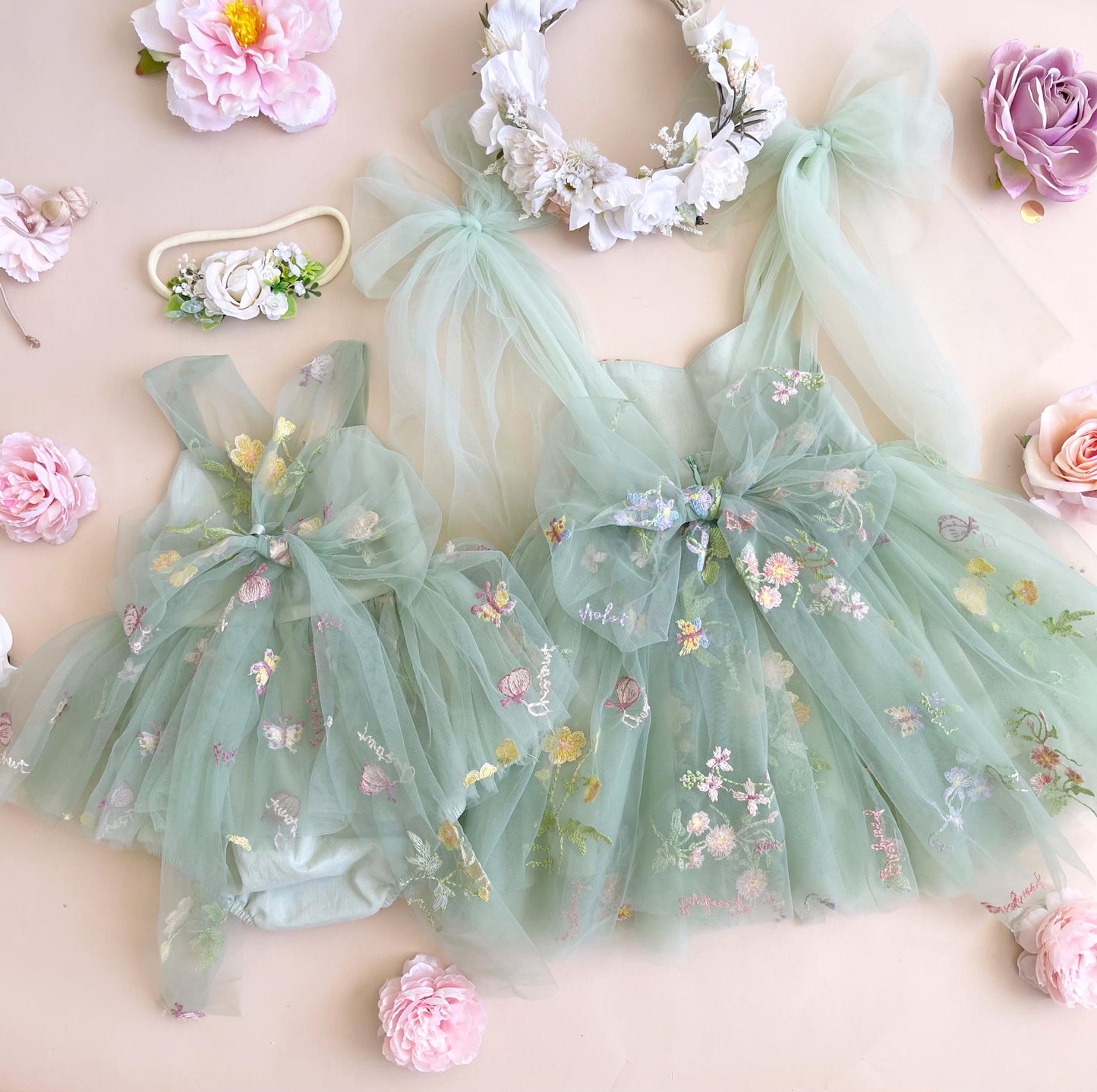 Sugar Plum Forest Green Baby Girl Tulle Party Romper