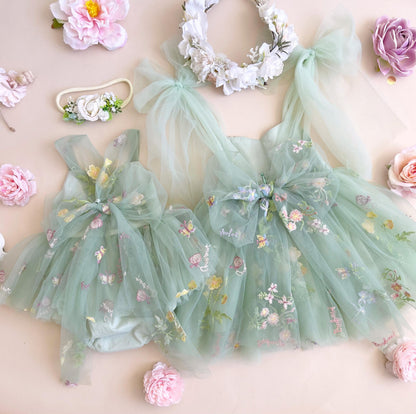 Sugar Plum Forest Green Baby Girl Tulle Party Romper