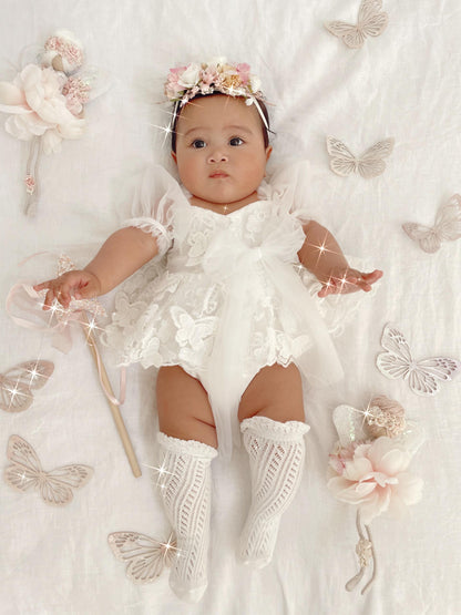 White Butterfly Kisses Baby Girls Embroidered Tulle Romper
