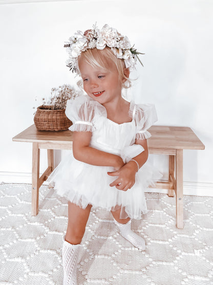 White Flower Fairy Baby Girl Tulle Romper