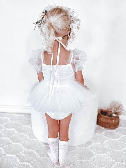 White Flower Fairy Baby Girl Tulle Romper