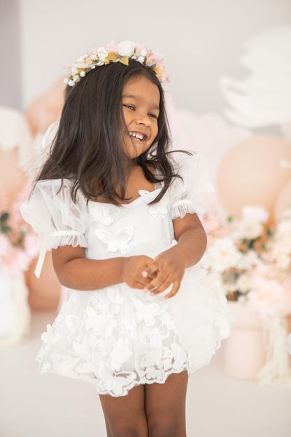White Butterfly Kisses Baby Girls Embroidered Tulle Romper