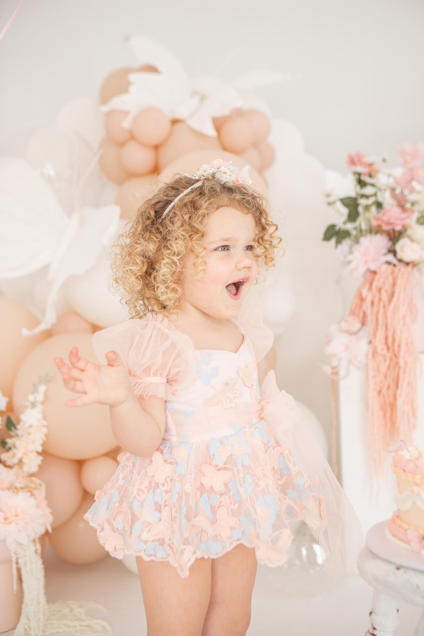Butterfly Kisses Peach Rose Baby Girl Embroidered Tulle Party Romper