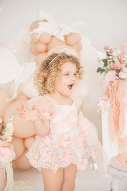 Butterfly Kisses Peach Rose Baby Girl Embroidered Tulle Party Romper