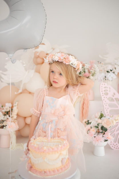 Butterfly Kisses Peach Rose Baby Girl Embroidered Tulle Party Romper