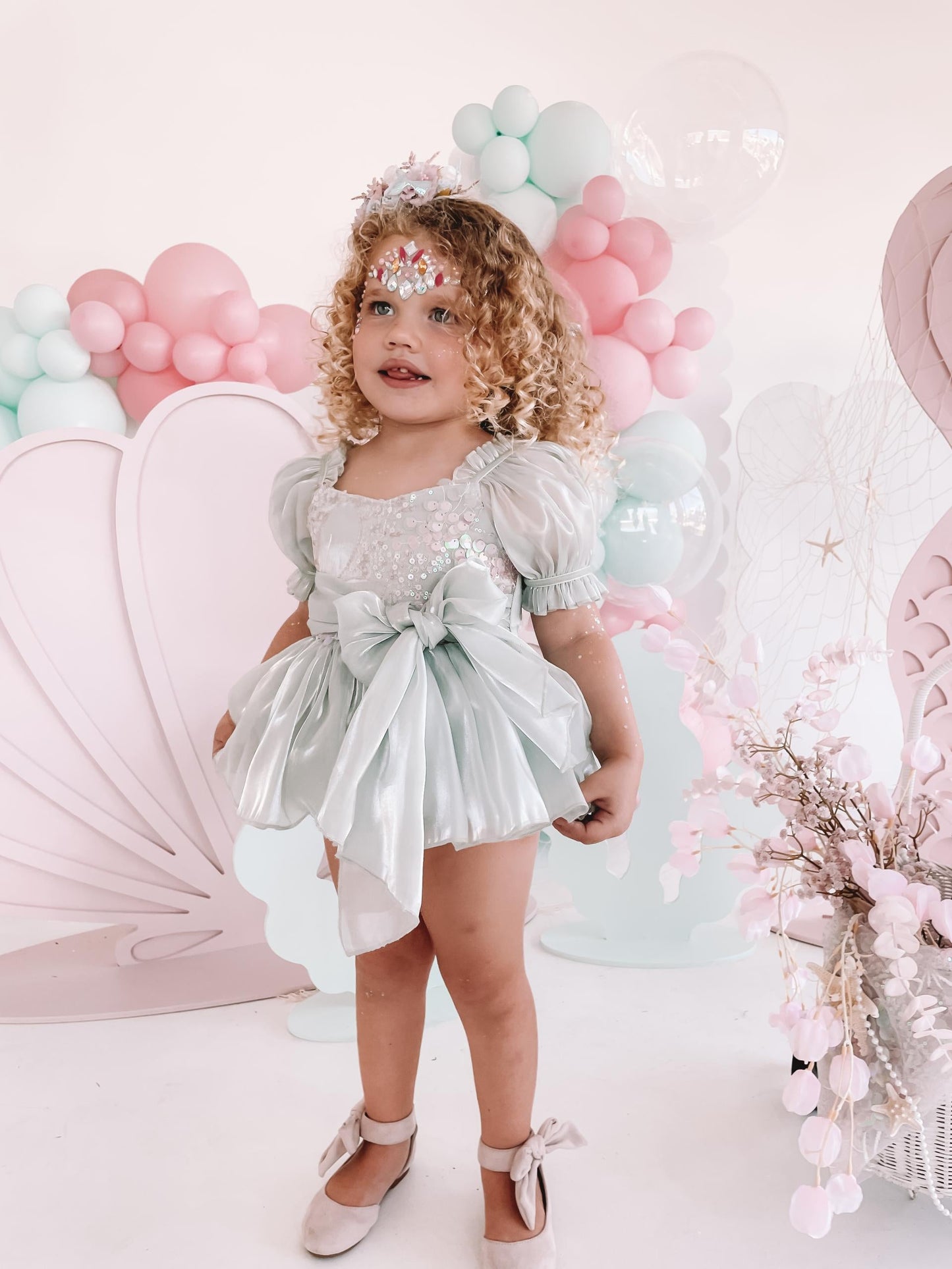 Mermaid Sequin Green Organza Baby Girl Party Romper