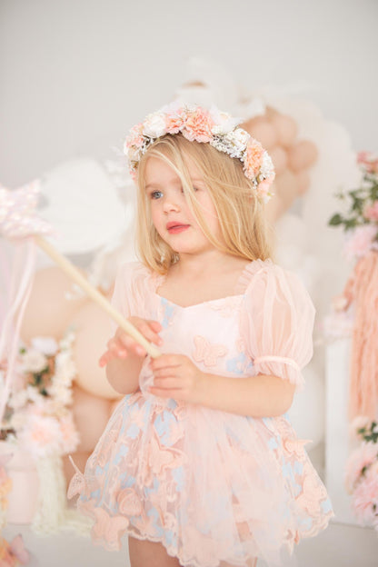 Butterfly Kisses Peach Rose Baby Girl Embroidered Tulle Party Romper