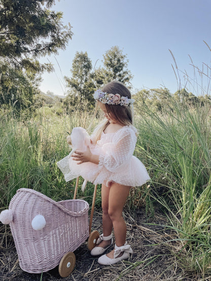 Swiss Dot Bloom Pink Rose Baby Girl Tulle Party Romper