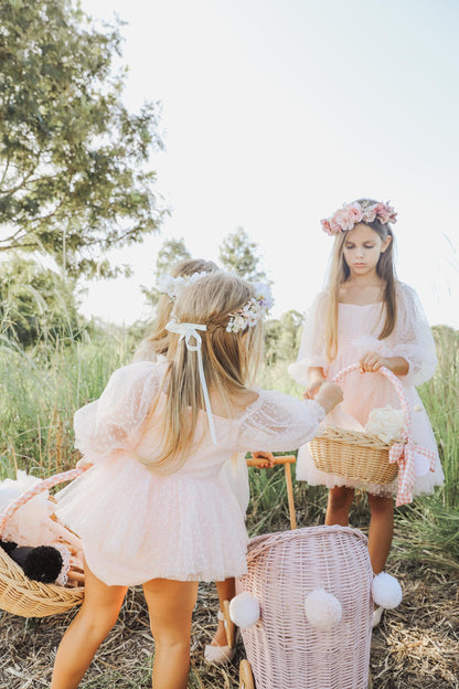 Swiss Dot Bloom Pink Rose Baby Girl Tulle Party Romper