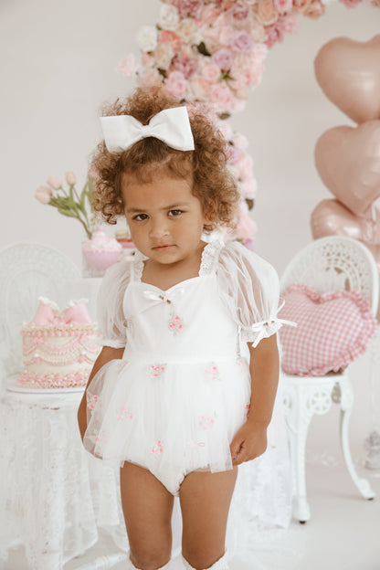 Fleur Butterfly Embroidered Baby Girl White Tulle Party Romper