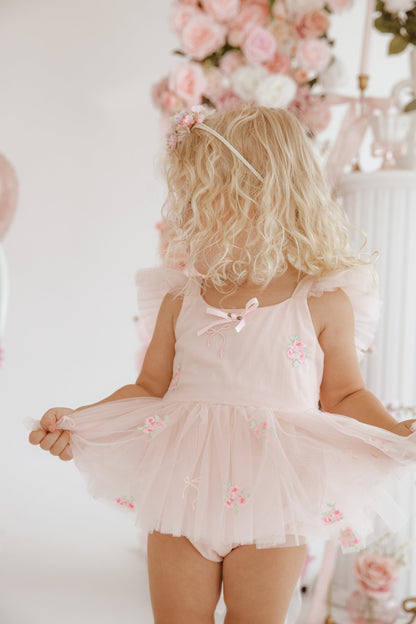 Belle Bow Perfect Pink Embroidered Baby Girl Tulle Party Romper