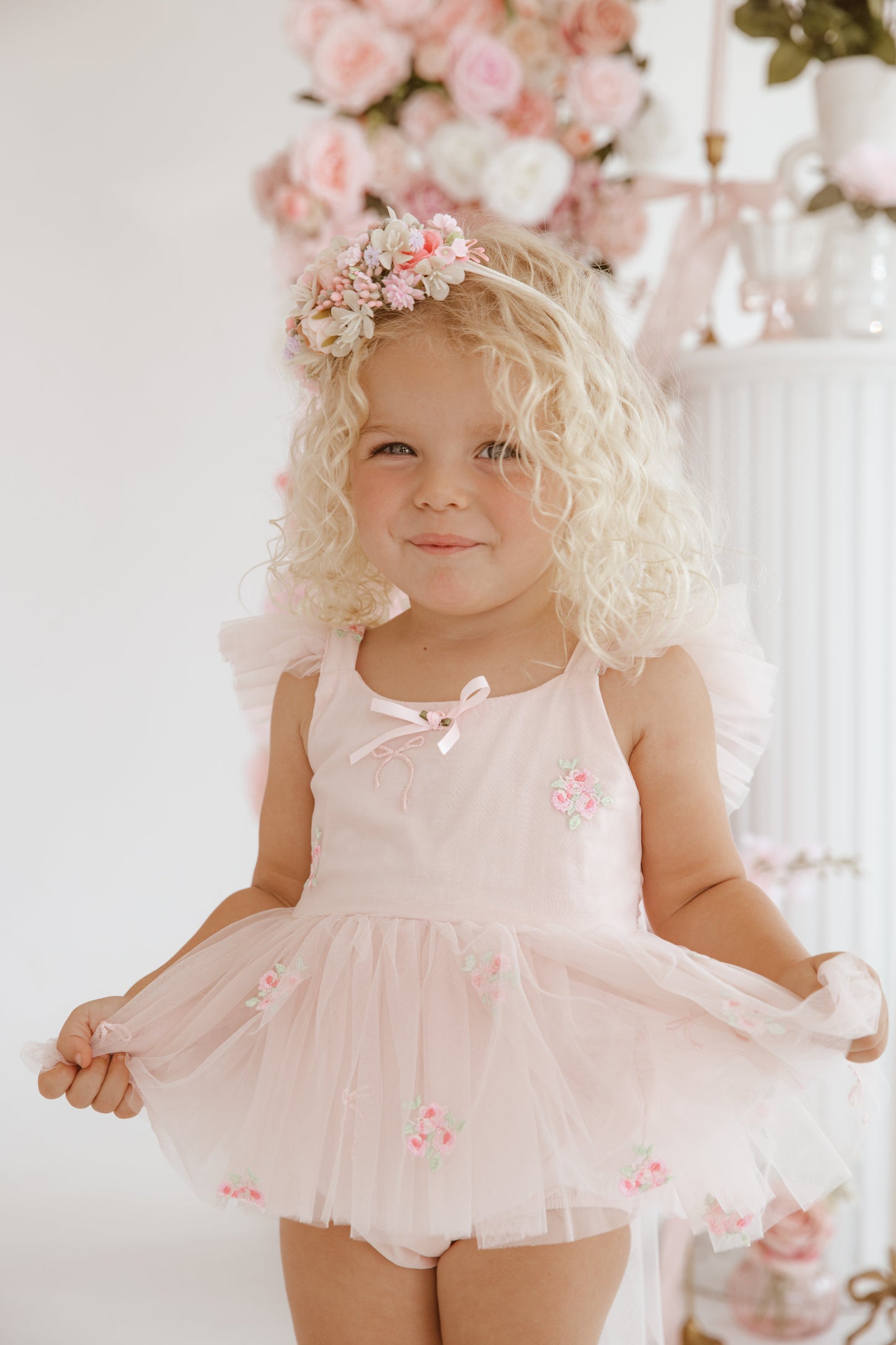 Belle Bow Perfect Pink Embroidered Baby Girl Tulle Party Romper