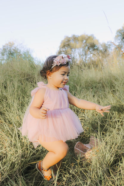 English Rose Dusty Rose Pink Baby Girl Tulle Romper