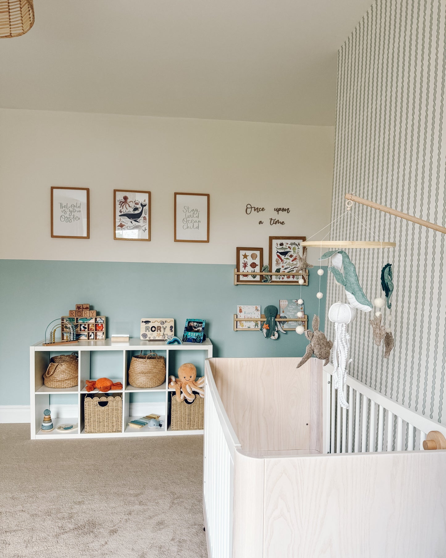 Little Abacus Stripe Wallpaper, Blue and Green