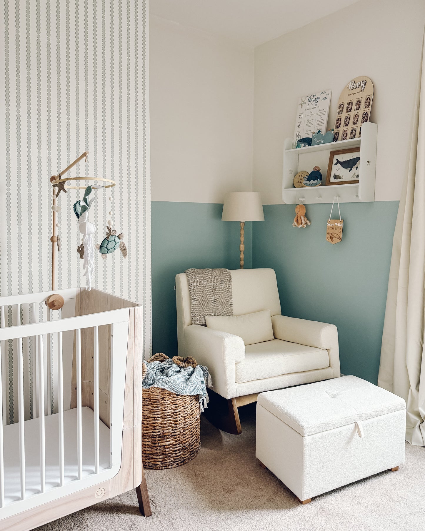 Little Abacus Stripe Wallpaper, Blue and Green