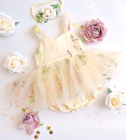 Sugar Plum Lemon Baby Girl Tulle Party Romper