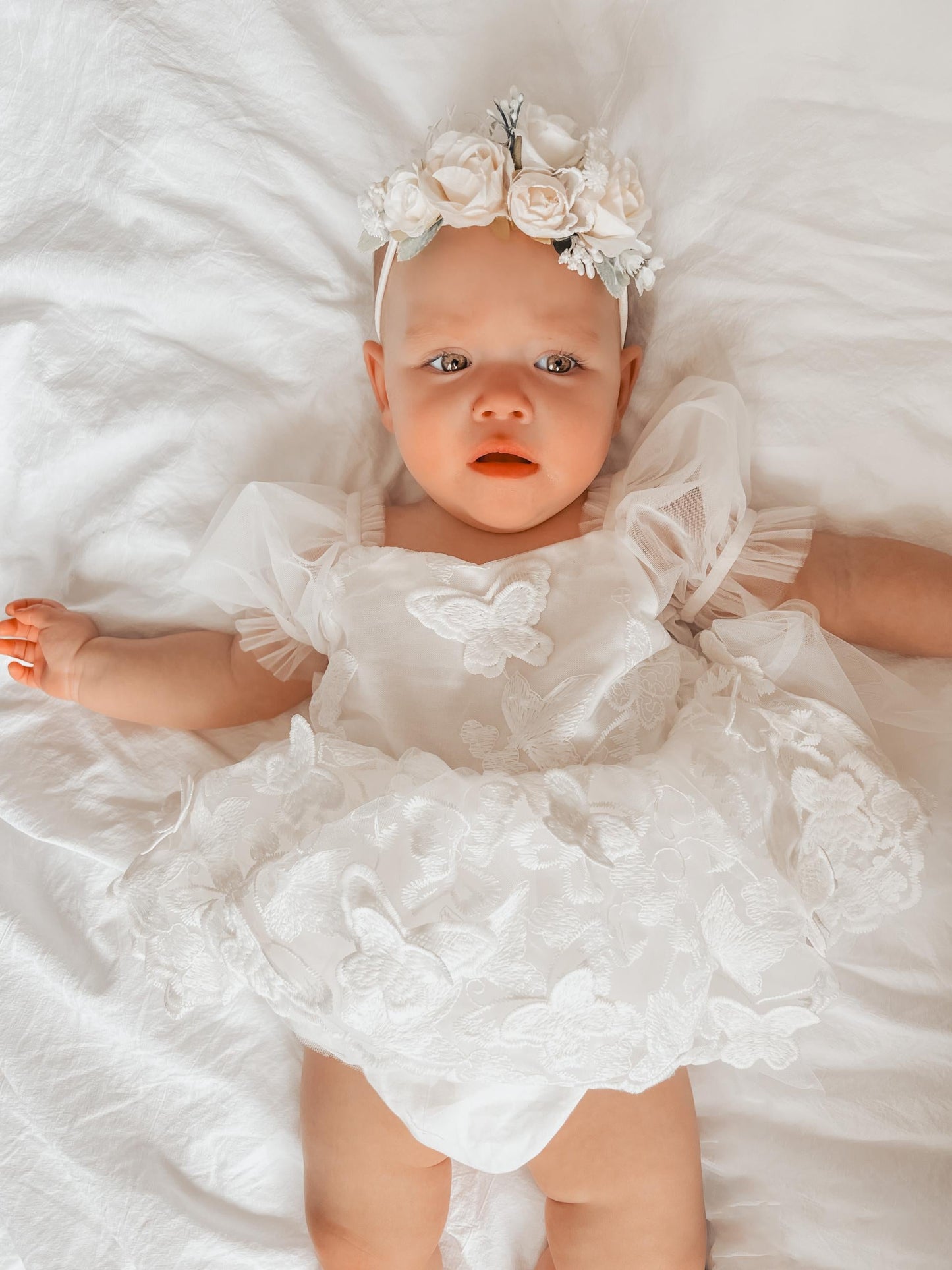 White Butterfly Kisses Baby Girls Embroidered Tulle Romper
