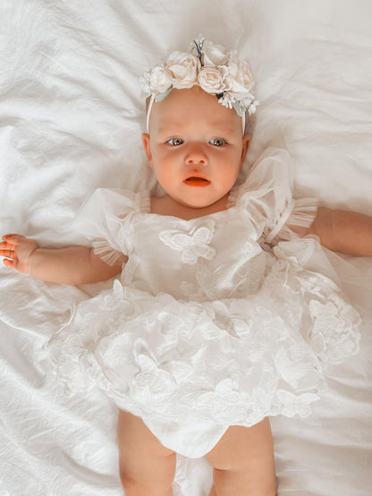 White Butterfly Kisses Baby Girls Embroidered Tulle Romper
