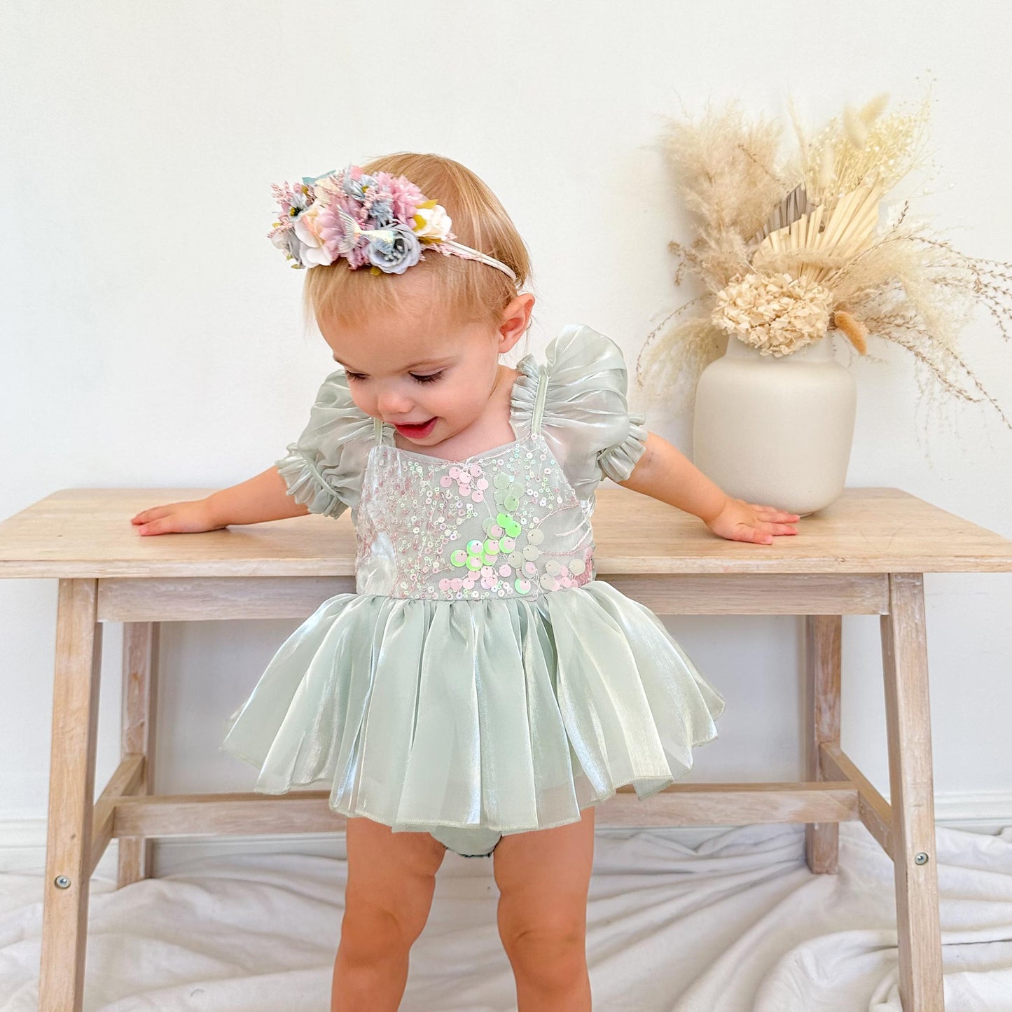 Mermaid Sequin Green Organza Baby Girl Party Romper