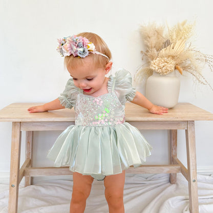 Mermaid Sequin Green Organza Baby Girl Party Romper