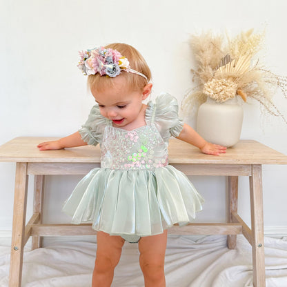 Mermaid Sequin Green Organza Baby Girl Party Romper