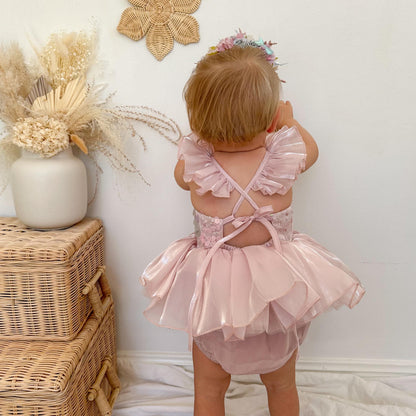 Mermaid Sequin Pink Organza Baby Girl Party Romper