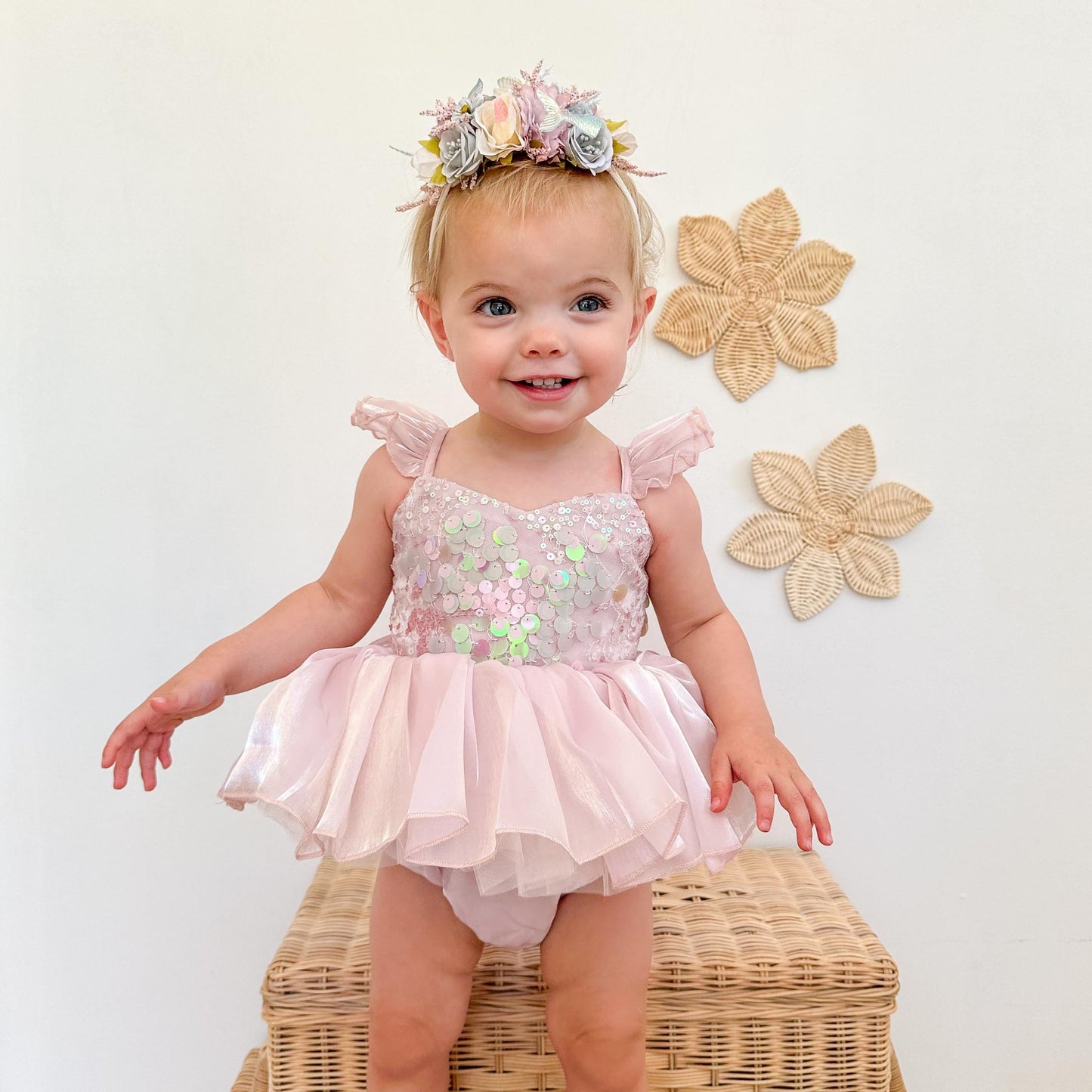 Mermaid Sequin Pink Organza Baby Girl Party Romper