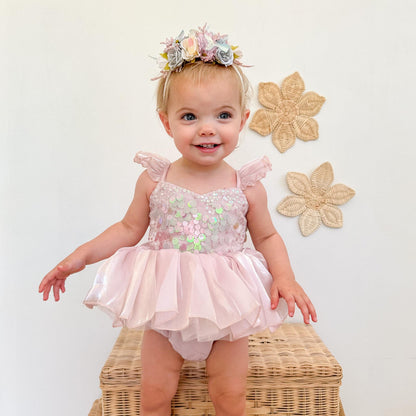 Mermaid Sequin Pink Organza Baby Girl Party Romper