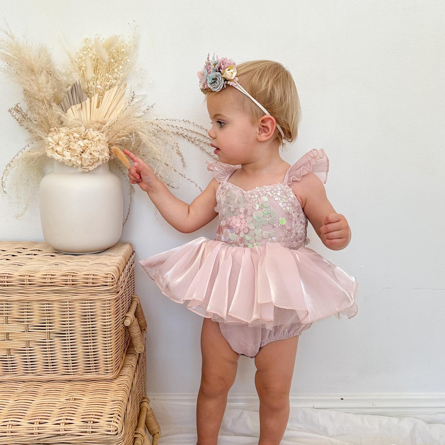 Mermaid Sequin Pink Organza Baby Girl Party Romper