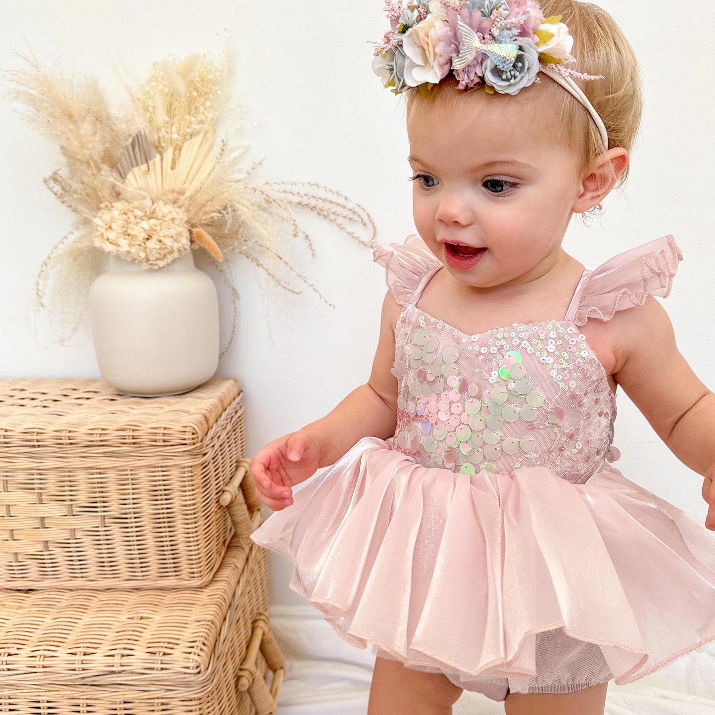 Mermaid Sequin Pink Organza Baby Girl Party Romper