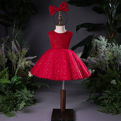 Baby Girl Christmas Dresses Girl Red Fine Glitter Fluffy Birthday Party Formal Dress